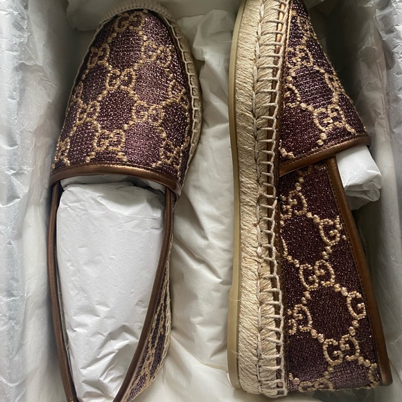 Authentic Gucci WOMEN'S HERITAGE GG LAMÉ ESPADRILLE IN BROWN size 5 - Picture 7 of 8